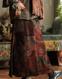 Women Winter Retro Floral Patchwork Corduroy Straight Skirt