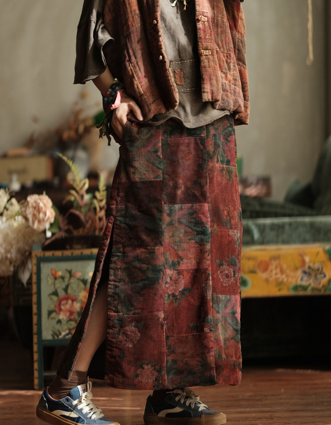 Women Winter Retro Floral Patchwork Corduroy Straight Skirt