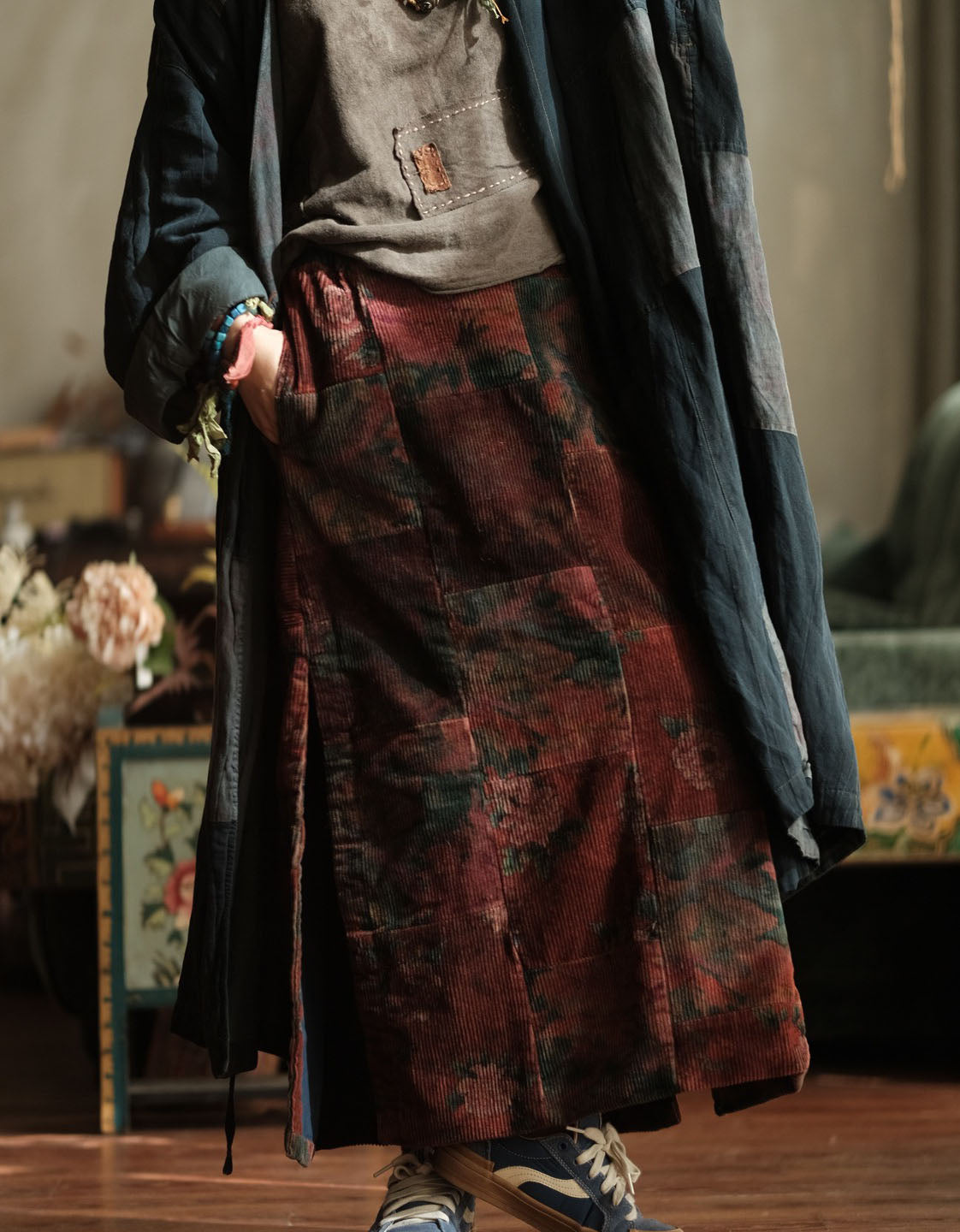 Women Winter Retro Floral Patchwork Corduroy Straight Skirt