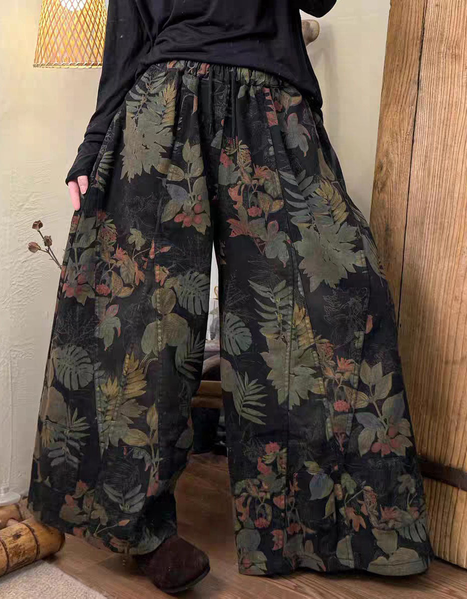 Women Winter Retro Floral Print Wide Leg Pants