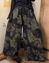 Women Winter Retro Floral Print Wide Leg Pants