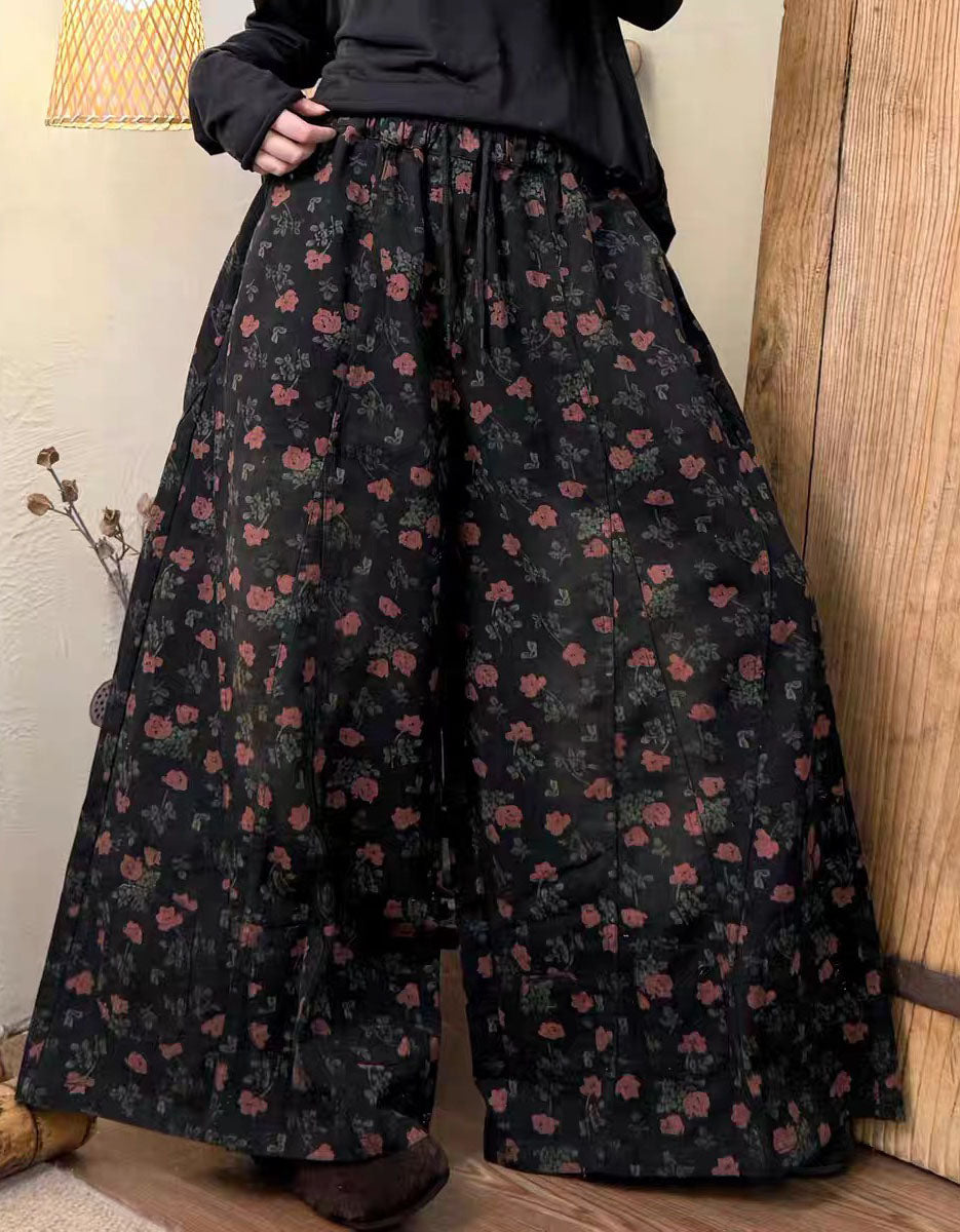 Women Winter Retro Floral Print Wide Leg Pants