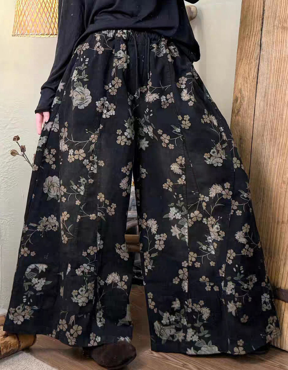 Women Winter Retro Floral Print Wide Leg Pants