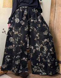 Women Winter Retro Floral Print Wide Leg Pants