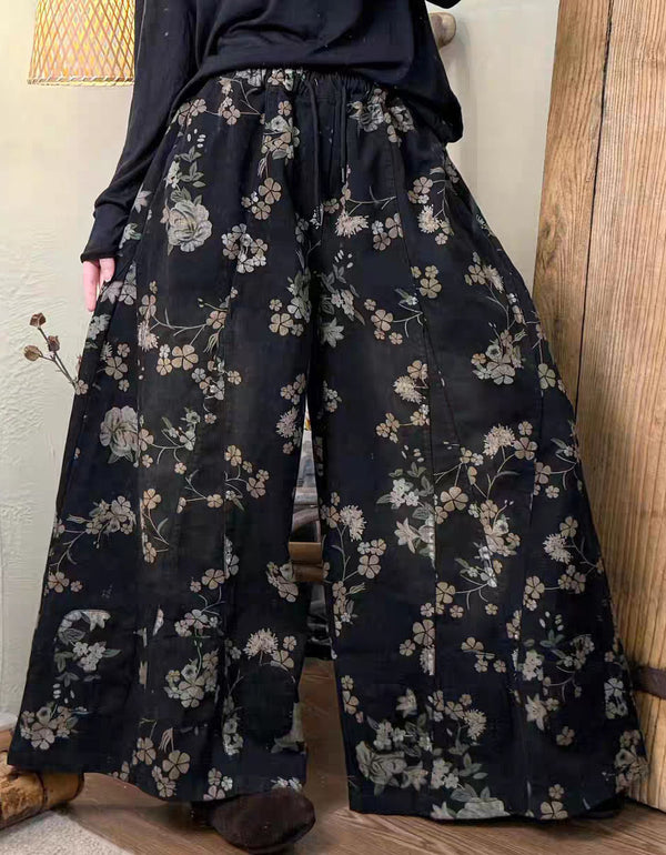 Women Winter Retro Floral Print Wide Leg Pants