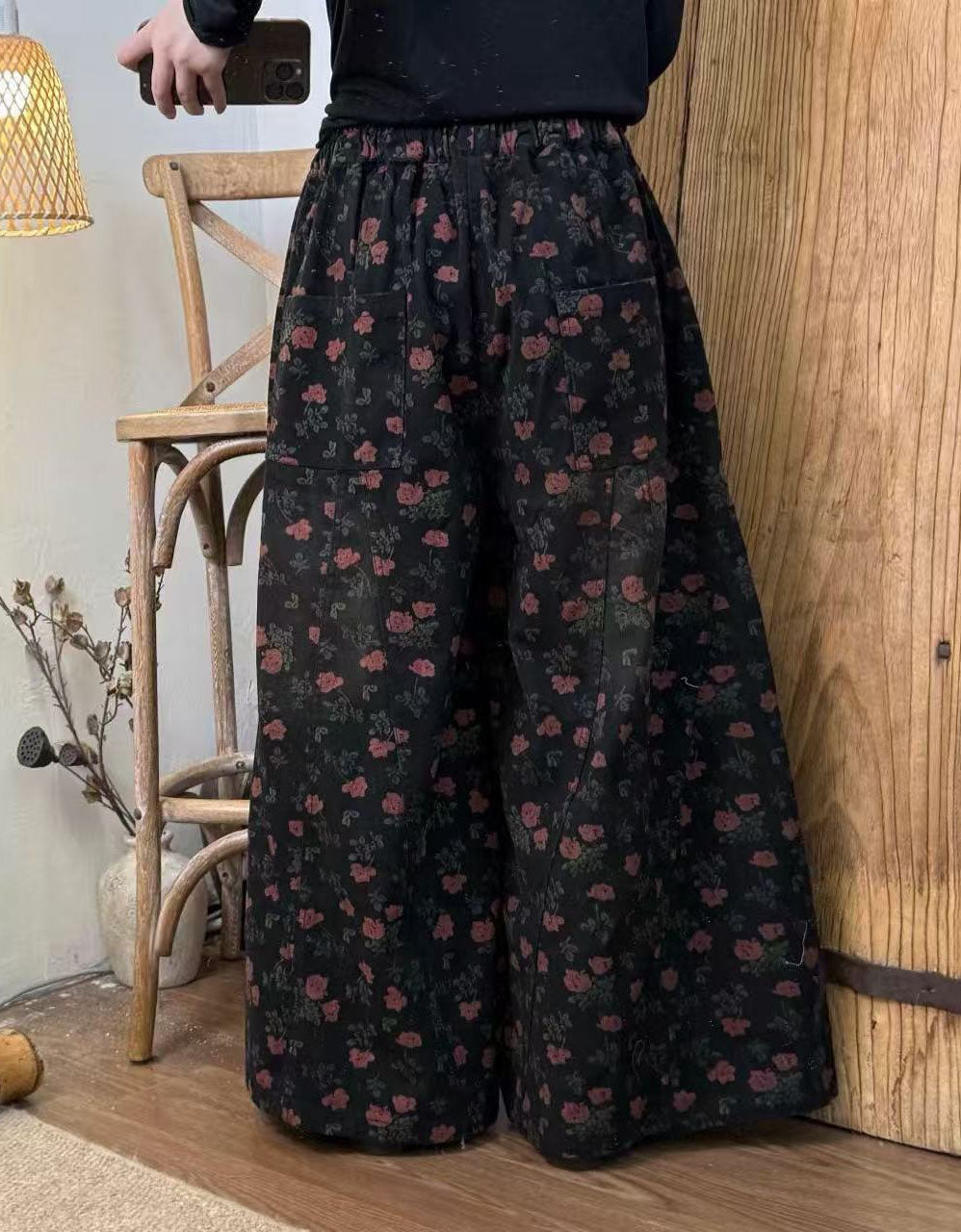 Women Winter Retro Floral Print Wide Leg Pants