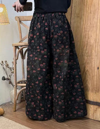 Women Winter Retro Floral Print Wide Leg Pants