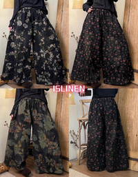 Women Winter Retro Floral Print Wide Leg Pants