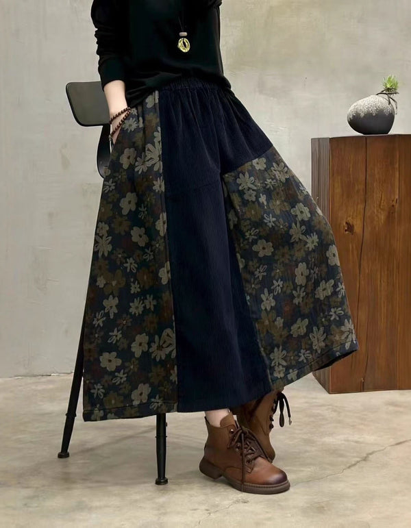Women Winter Vintage Floral Patchwork Corduroy Maxi Skirt