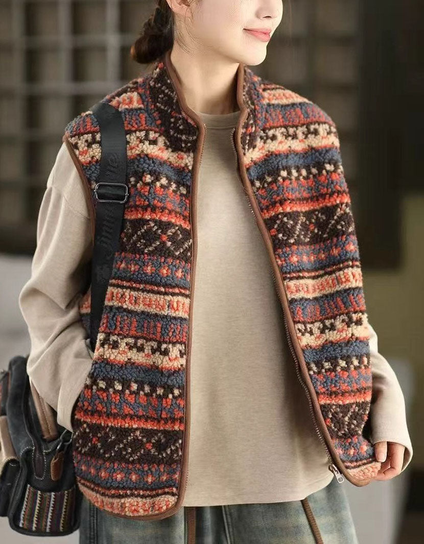 Women Winter Vintage Pattern Sherpa Fleece Vest Coat
