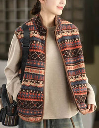 Women Winter Vintage Pattern Sherpa Fleece Vest Coat