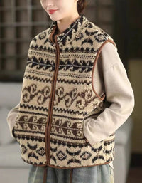 Women Winter Vintage Pattern Sherpa Fleece Vest Coat