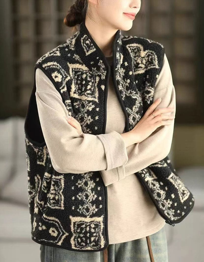 Women Winter Vintage Pattern Sherpa Fleece Vest Coat