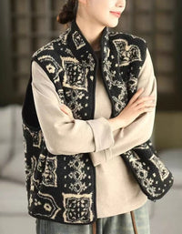 Women Winter Vintage Pattern Sherpa Fleece Vest Coat