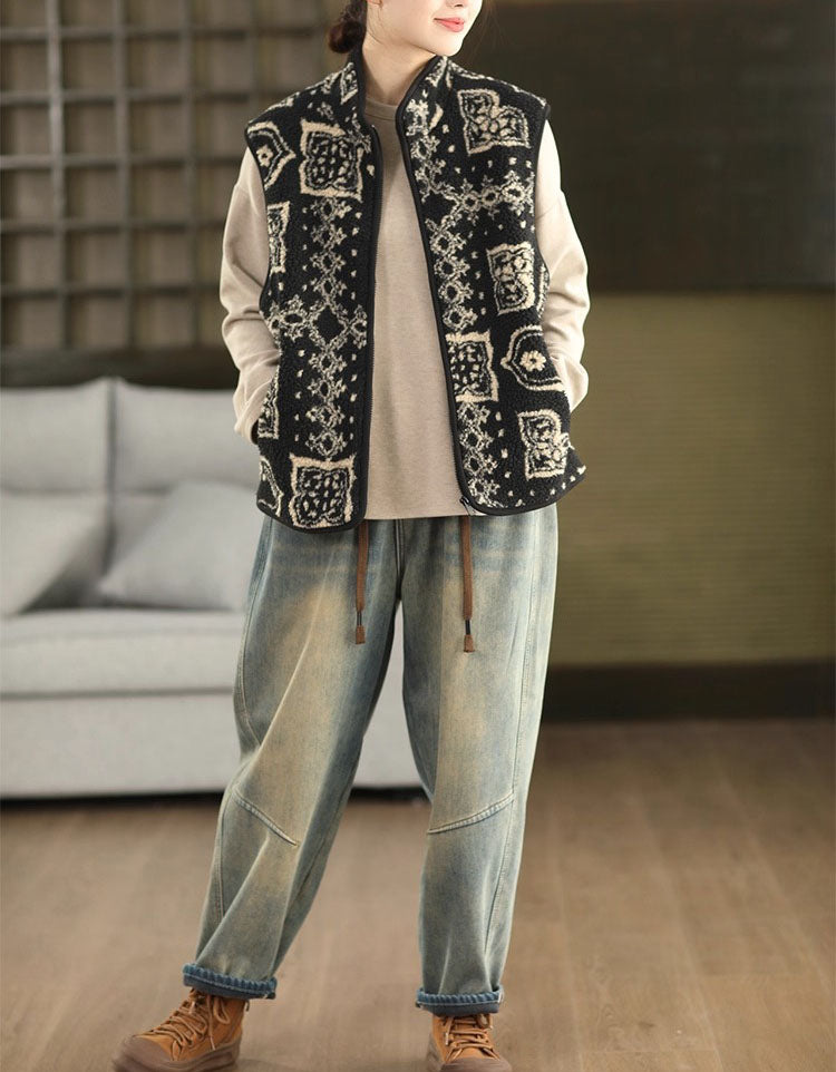 Women Winter Vintage Pattern Sherpa Fleece Vest Coat