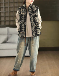 Women Winter Vintage Pattern Sherpa Fleece Vest Coat
