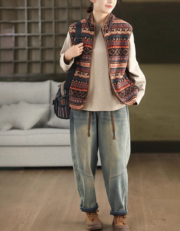 Women Winter Vintage Pattern Sherpa Fleece Vest Coat