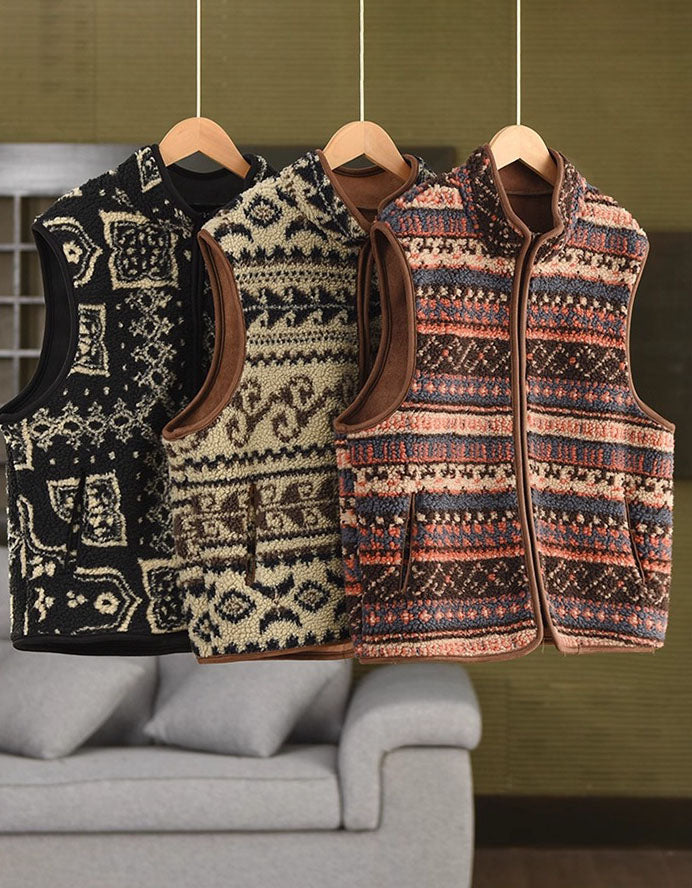 Women Winter Vintage Pattern Sherpa Fleece Vest Coat