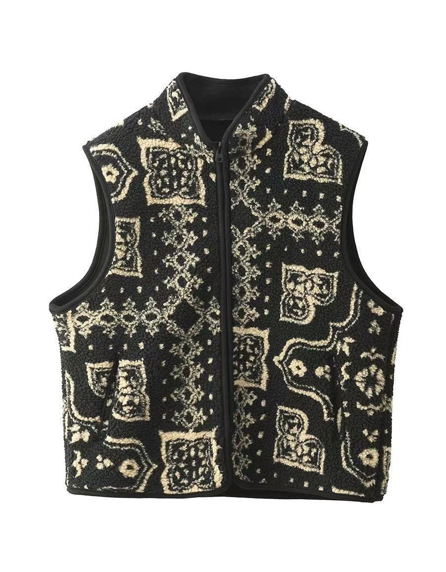 Women Winter Vintage Pattern Sherpa Fleece Vest Coat