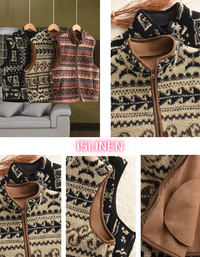 Women Winter Vintage Pattern Sherpa Fleece Vest Coat