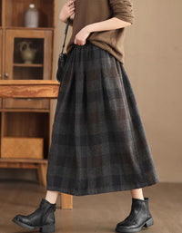 Women Winter Vintage Warm Thick Plaid Midi Skirt