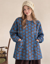 Women's Blue Floral Cotton Loose Fit Button-Up Blouse