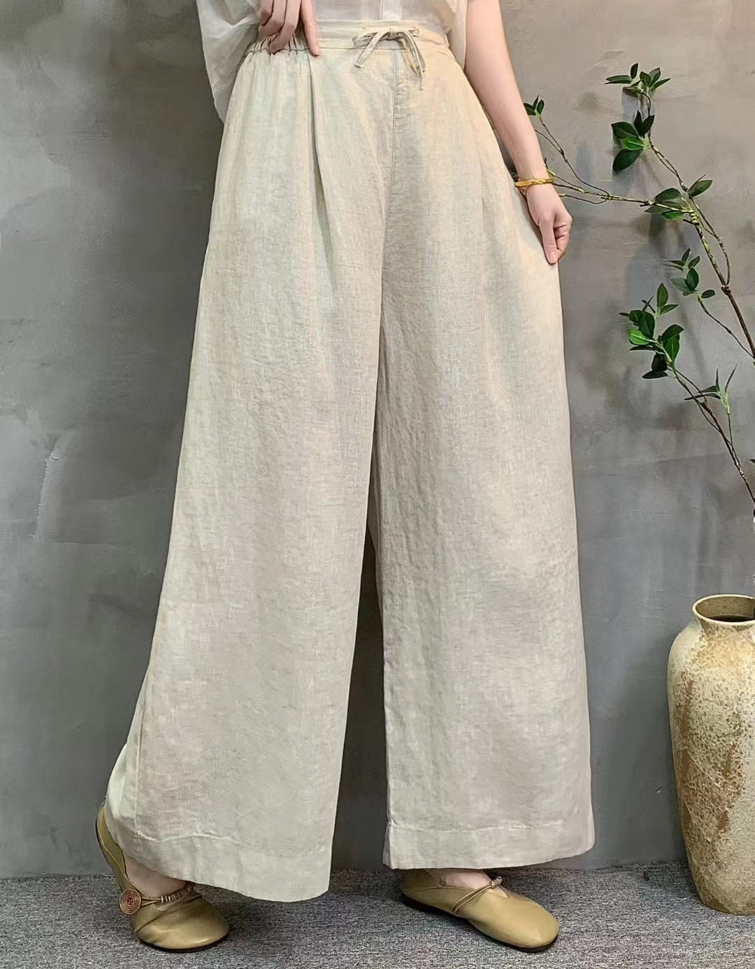 Women Casual Loose Beige Drawstring Linen Summer Trousers