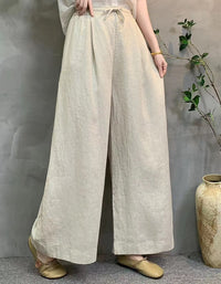 Women Casual Loose Beige Drawstring Linen Summer Trousers