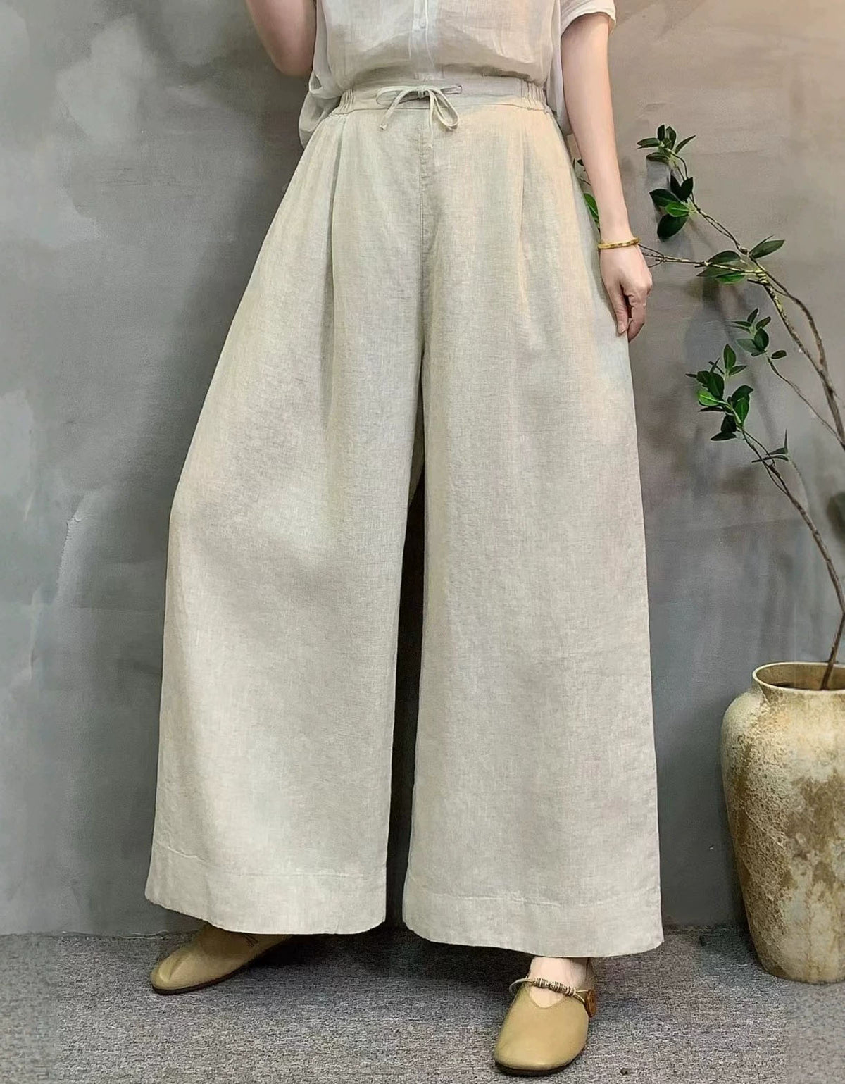 Relaxed Fit Linen Blend Palazzo Pants for Women – Breathable Summer Wide Leg Trousers