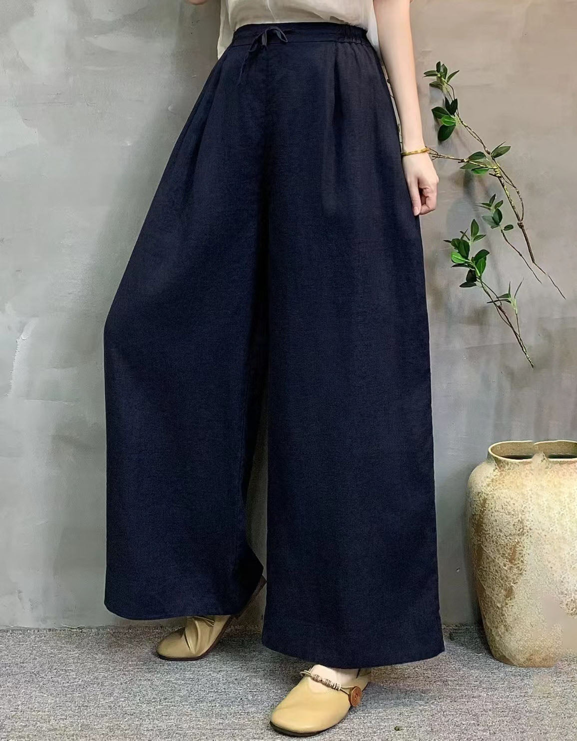 Women Casual Loose Navy Drawstring Linen Summer Trousers