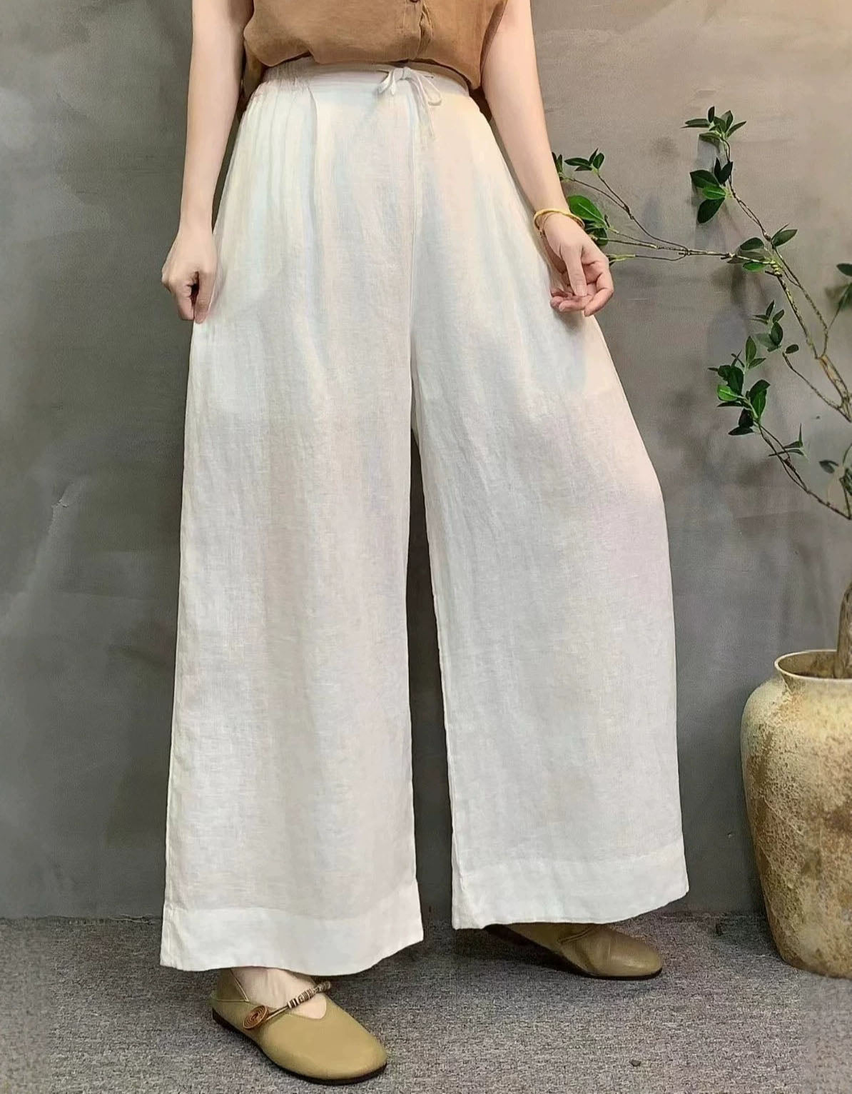 Women Casual Loose White Drawstring Linen Summer Trousers