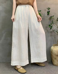 Women Casual Loose White Drawstring Linen Summer Trousers