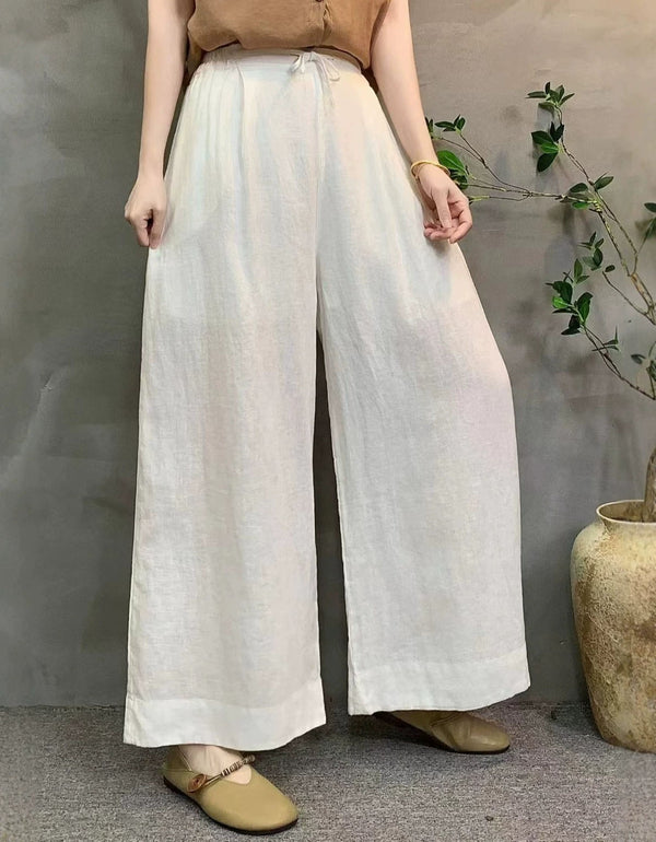 Women Casual Loose White Drawstring Linen Summer Trousers