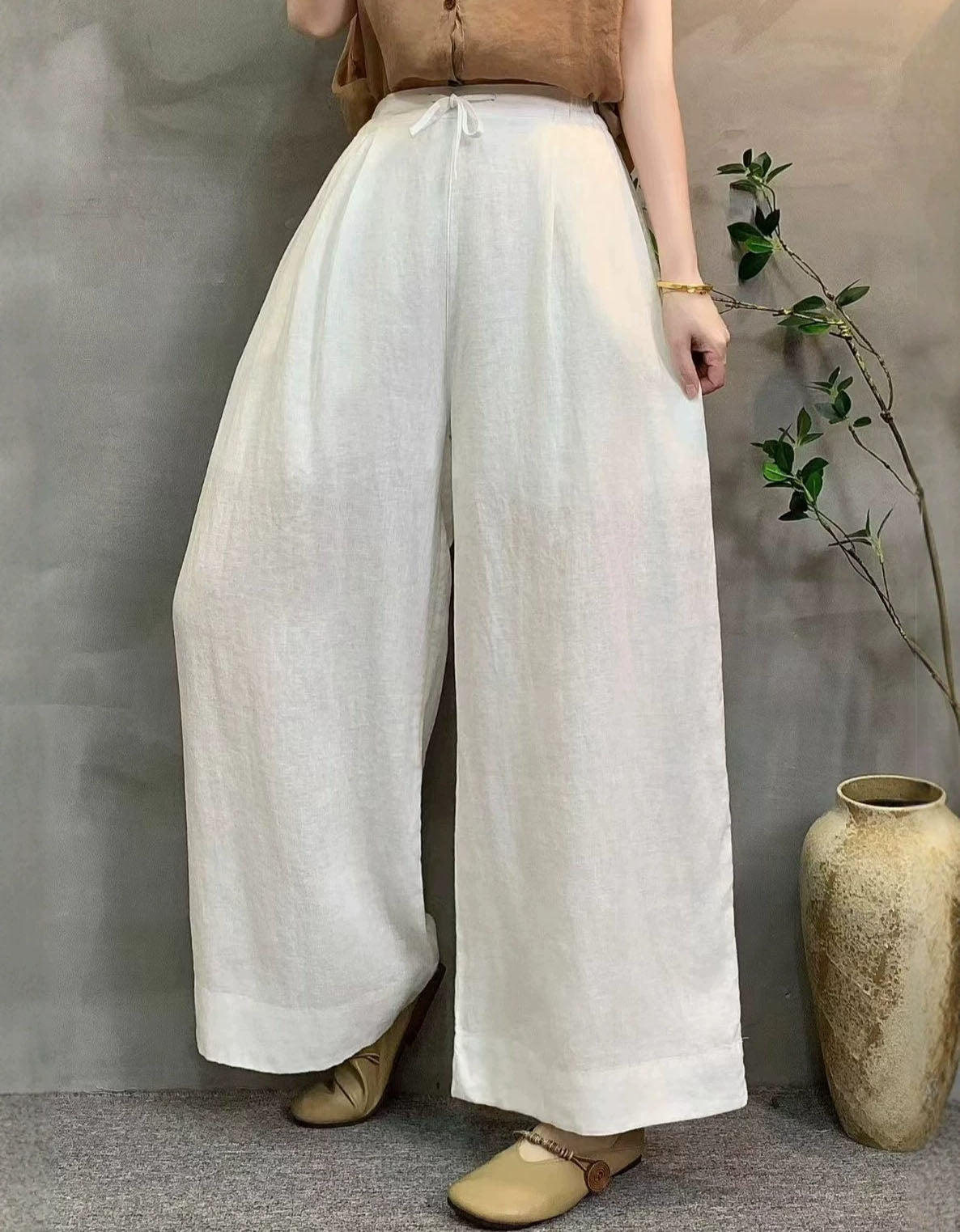 Women’s High Waist Cotton Linen Wide Leg Pants – Casual Loose Fit Palazzo Trousers