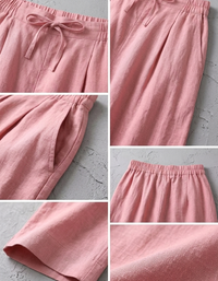 Details of Women Casual Loose Pink Drawstring Linen Summer Trousers