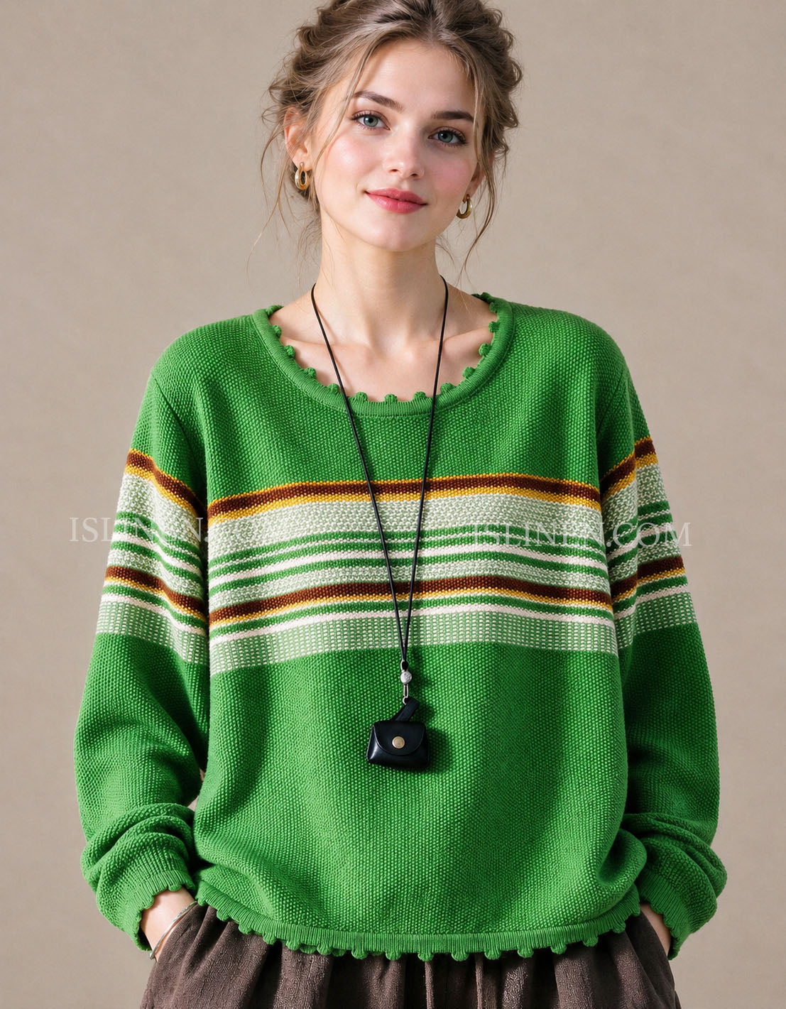 Women Casual Striped Ruffle Trim Crew Neck Knit Pullover