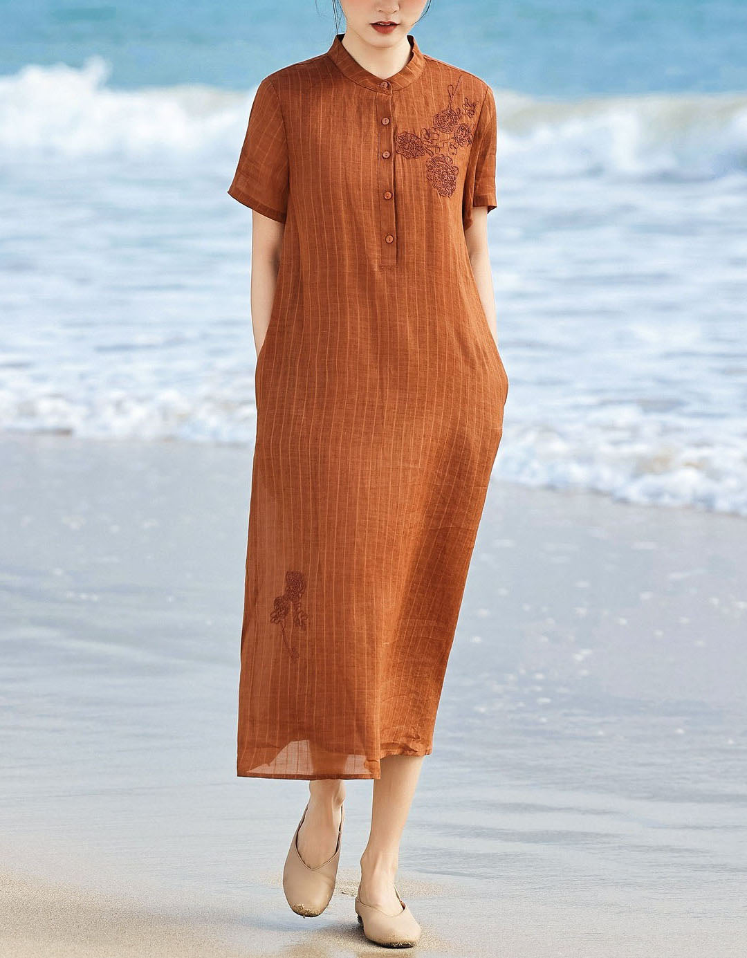 Loose Embroidered Striped Button Front Linen Shirt Dress