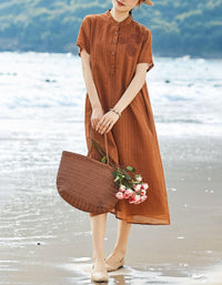Front View of Loose Embroidered Striped Button Front Linen Shirt Dress