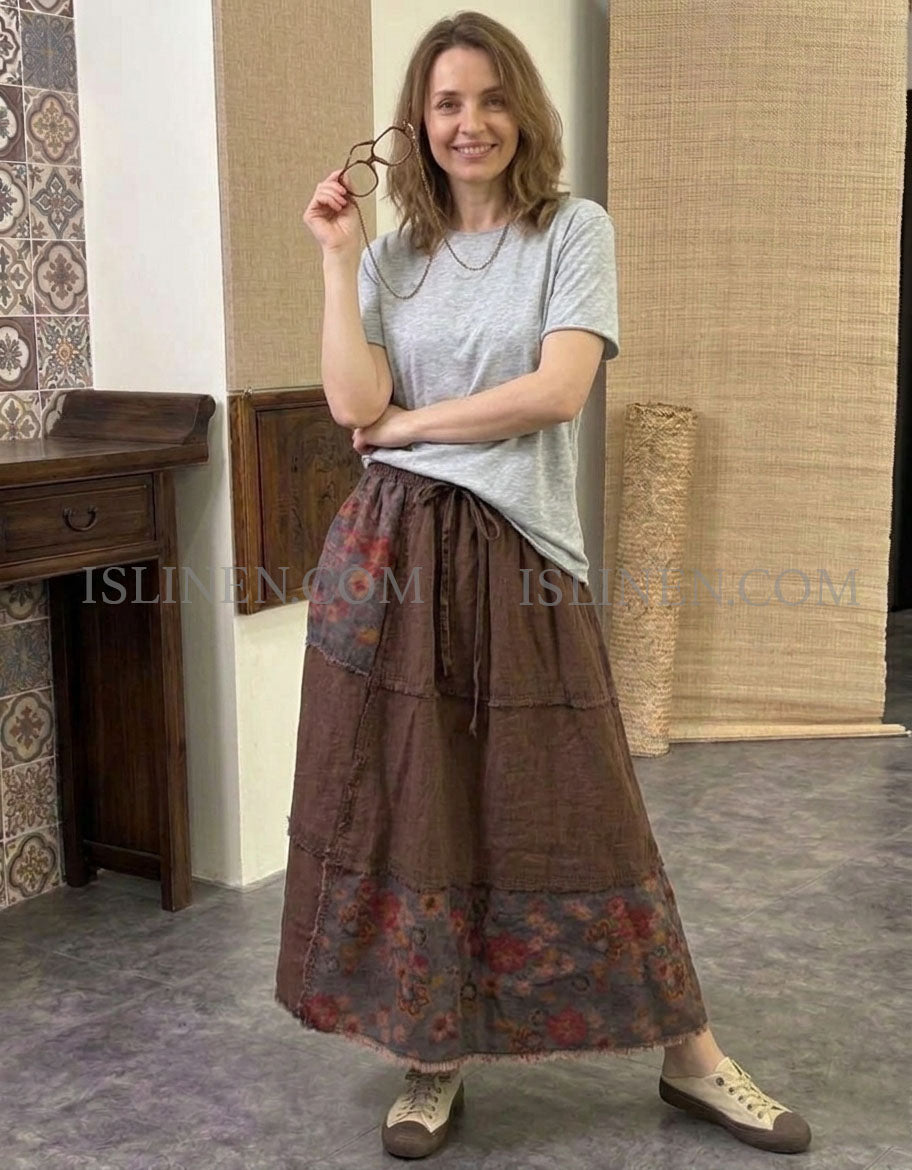 Women Retro Floral Patchwork Layered A-Line Maxi Skirt Coffee