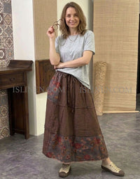 Women Retro Floral Patchwork Layered A-Line Maxi Skirt Coffee