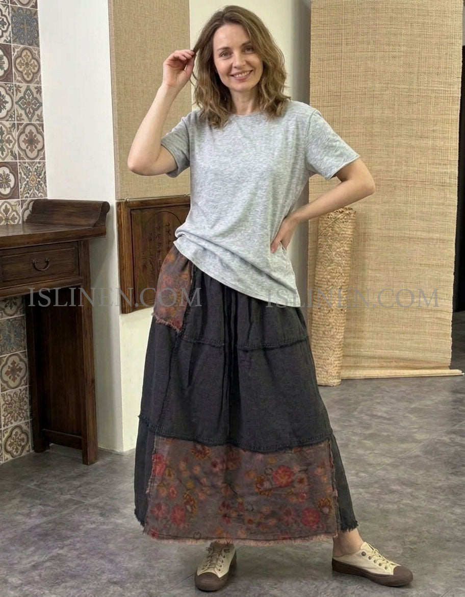 Women Retro Floral Patchwork Layered A-Line Maxi Skirt