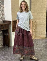 Women Retro Floral Patchwork Layered A-Line Maxi Skirt Wine Red