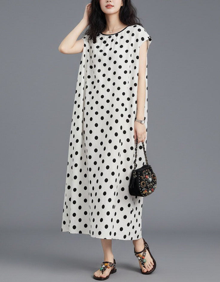 Vintage Polka Dot Dress – Women’s White Midi Maxi Casual Dress