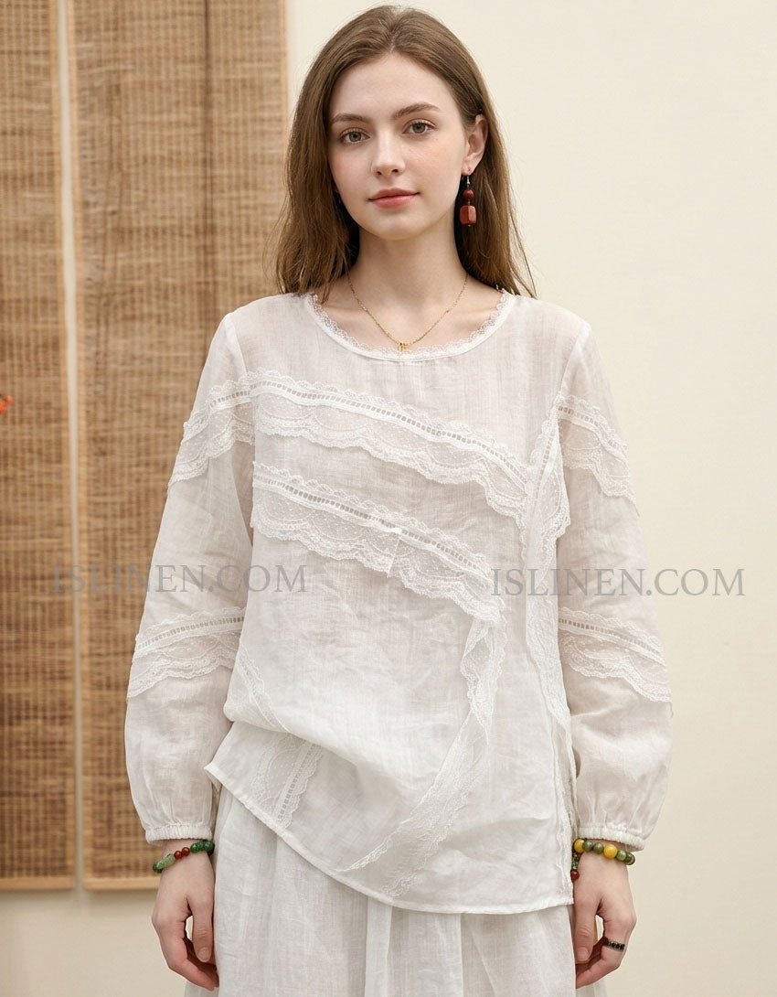 Women Soft Linen Ruffle Blouse Loose Boho Style Top