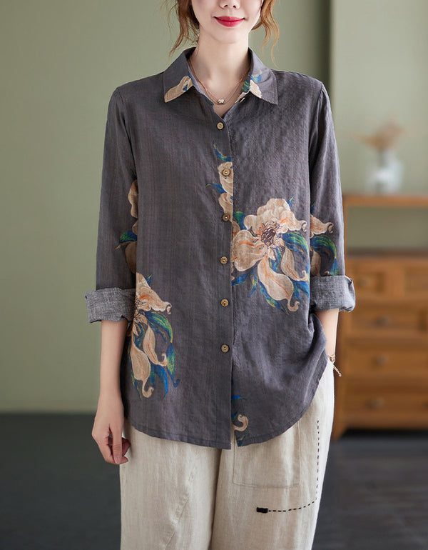 Women's Artistic Floral Print Cotton Linen Shirt
