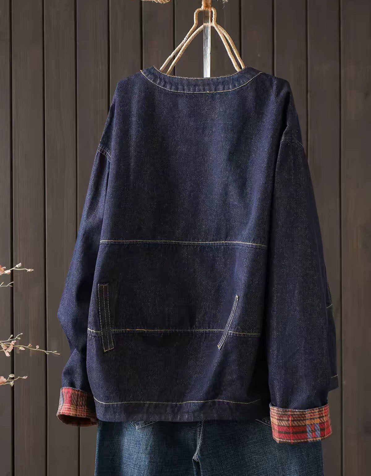 Women’s Vintage Dark Denim Jacket with Plaid Cuffs