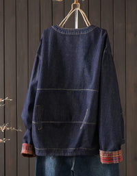 Women’s Vintage Dark Denim Jacket with Plaid Cuffs