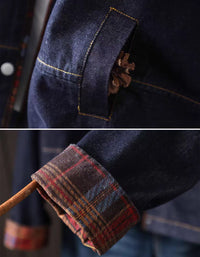 Women’s Retro Plaid Trim Denim Jacket