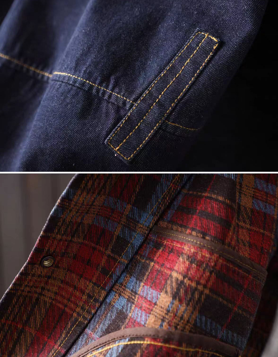Women’s Loose Fit Vintage Denim Jacket with Plaid