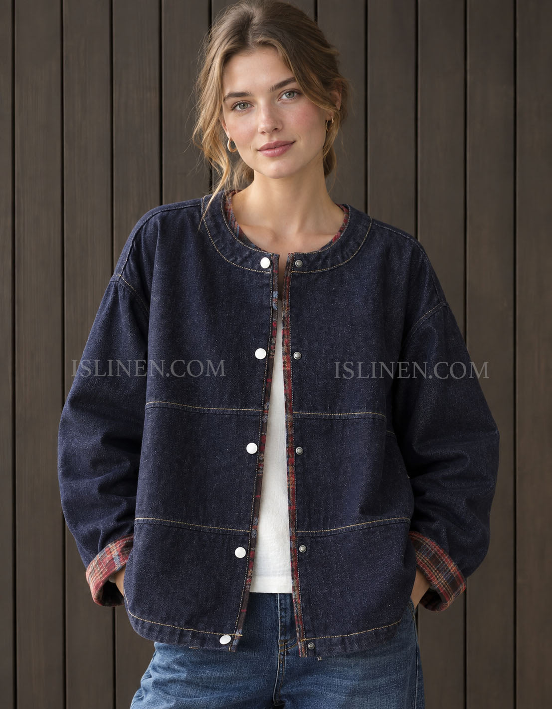 Women’s Vintage Plaid Lined Denim Jacket